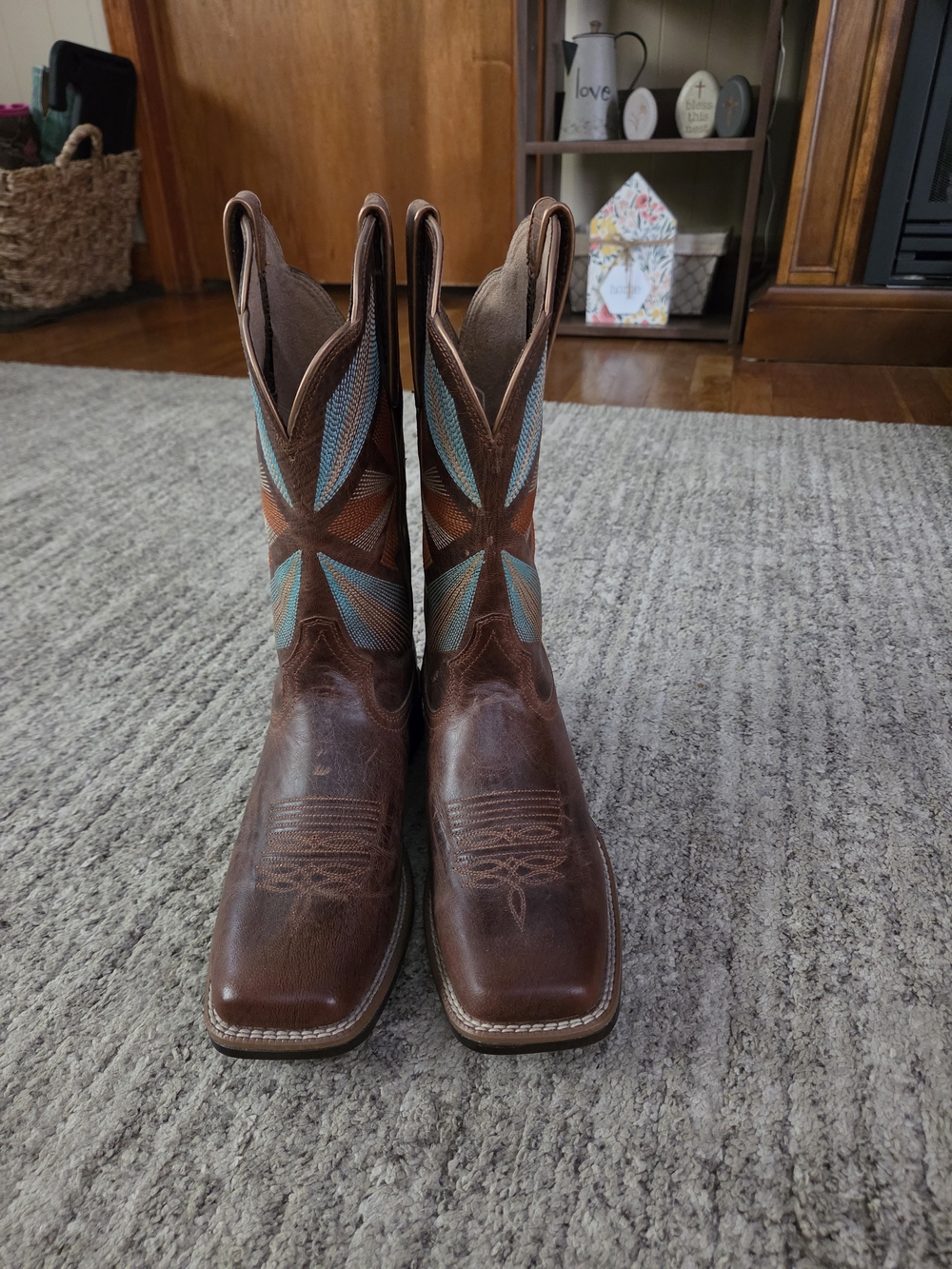 Ariat Brown Leather Western Boots with Turquoise Stitching